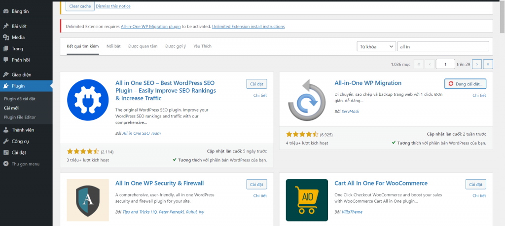 Giới thiệu All in one Migration, Plugin Sao lưu dữ liệu phổ biến nhất 18 Cài All in one Migration bản miễn phí trước