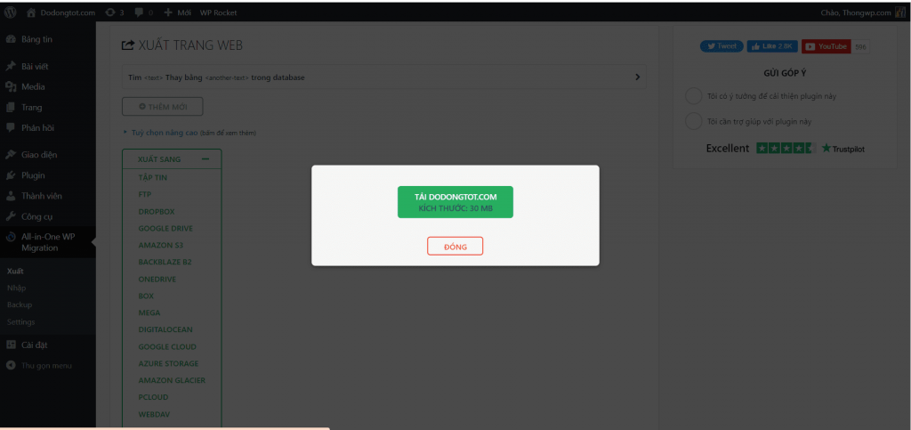Giới thiệu All in one Migration, Plugin Sao lưu dữ liệu phổ biến nhất 22 Tải file sao lưu về máy tính