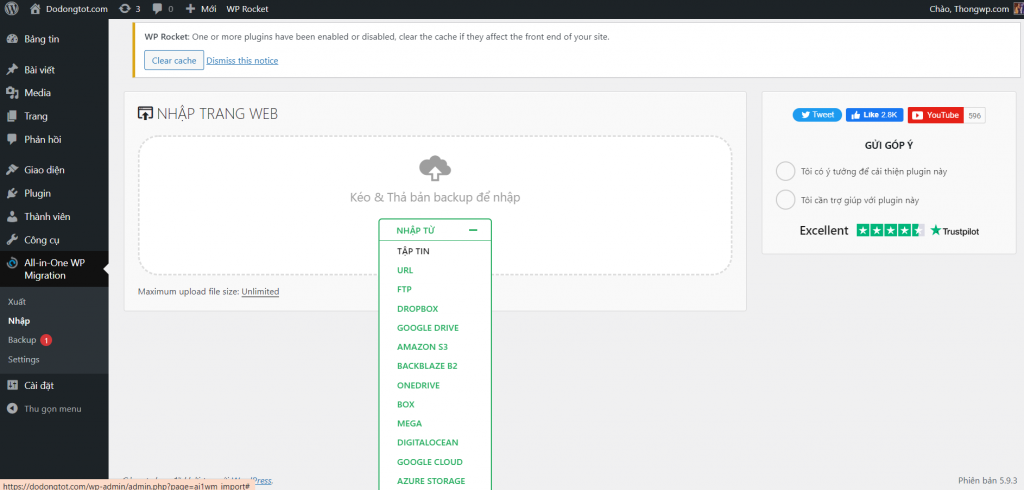 Giới thiệu All in one Migration, Plugin Sao lưu dữ liệu phổ biến nhất 23 Phục hồi dữ liệu với All in one Migration