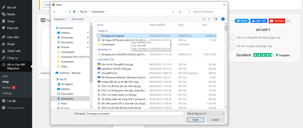 Giới thiệu All in one Migration, Plugin Sao lưu dữ liệu phổ biến nhất 24 Chọn file có đuôi .wpress để khôi phục