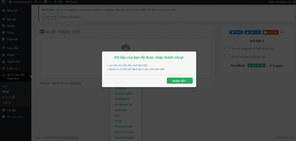 Giới thiệu All in one Migration, Plugin Sao lưu dữ liệu phổ biến nhất 26 Bấm Hoàn tất để kết thúc quá trình khôi phục dữ liệu