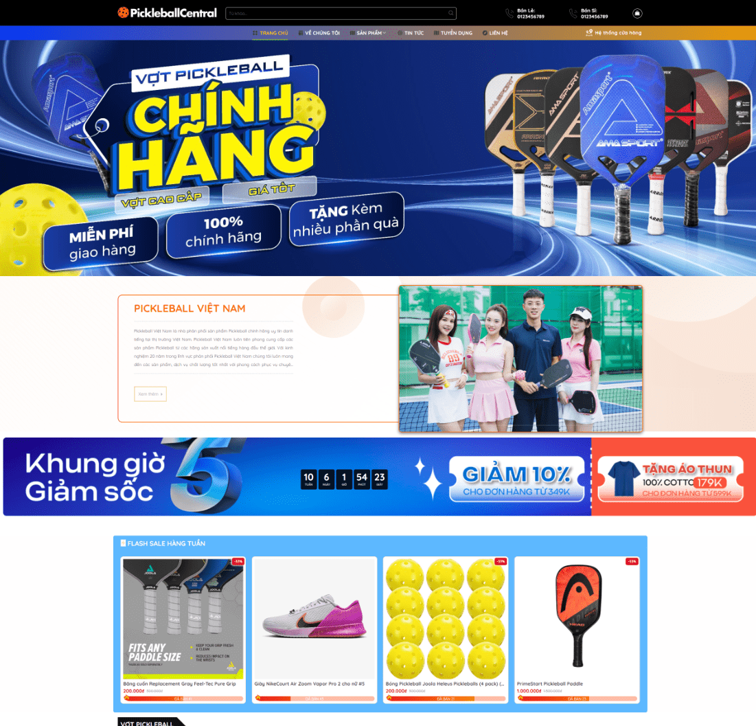 Theme wordpress sho bán vợt, bóng pickleball, dụng cụ thể thao