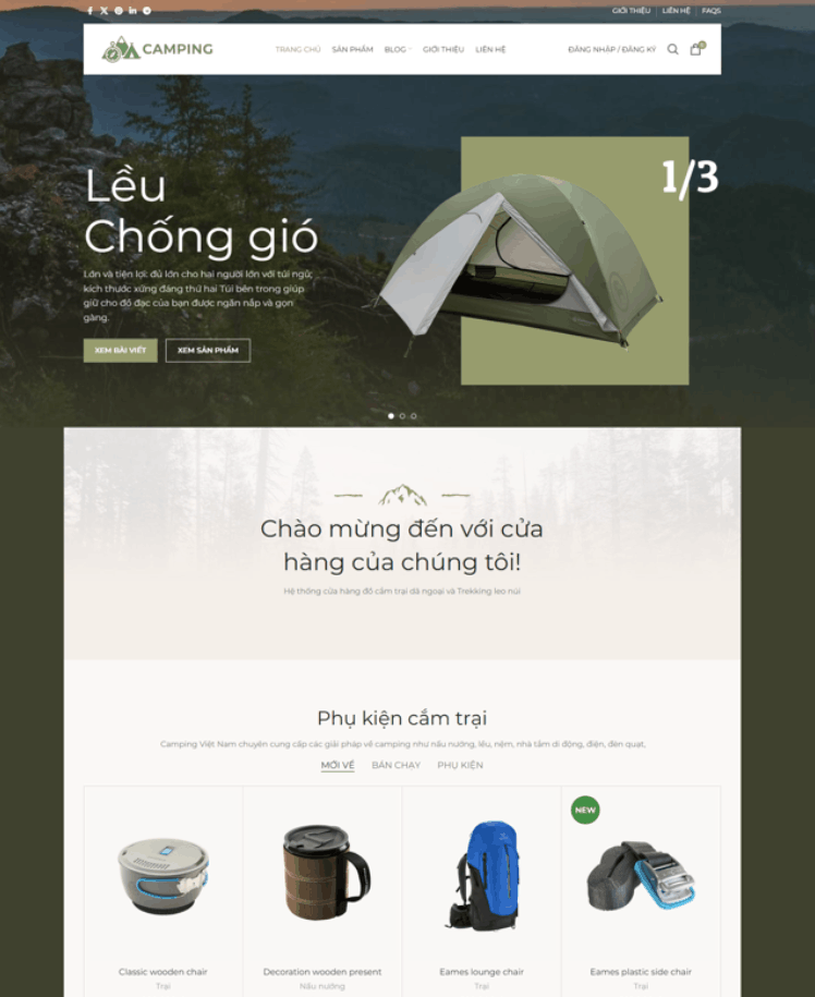 Theme WordPress Elementor Camping - Đồ Cắm Trại Dã Ngoại